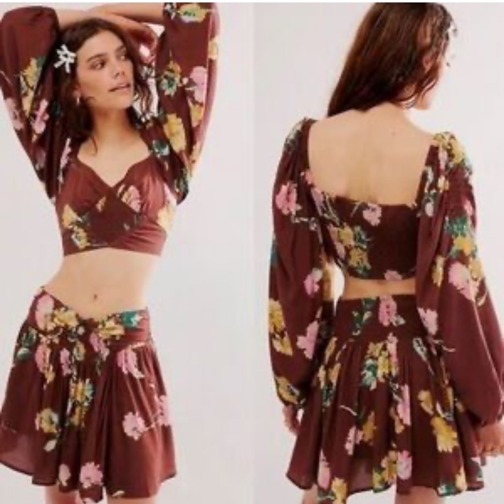 Free People Brown‎ Dawn to Dusk Floral Top and Skort Set Women’s Medium NWOT